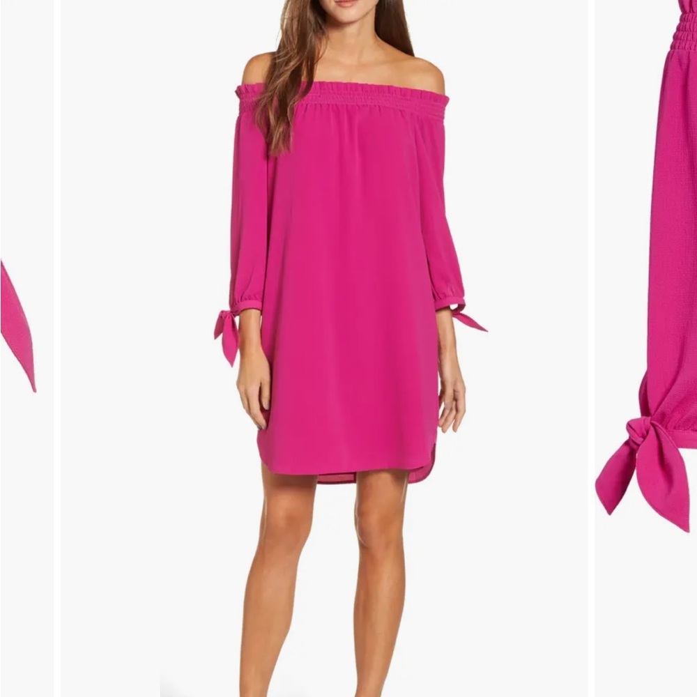 Vince Camuto Size 2 Magenta Fuchsia Off The Shoulder Cocktail Dress 3/4 Sleeves
